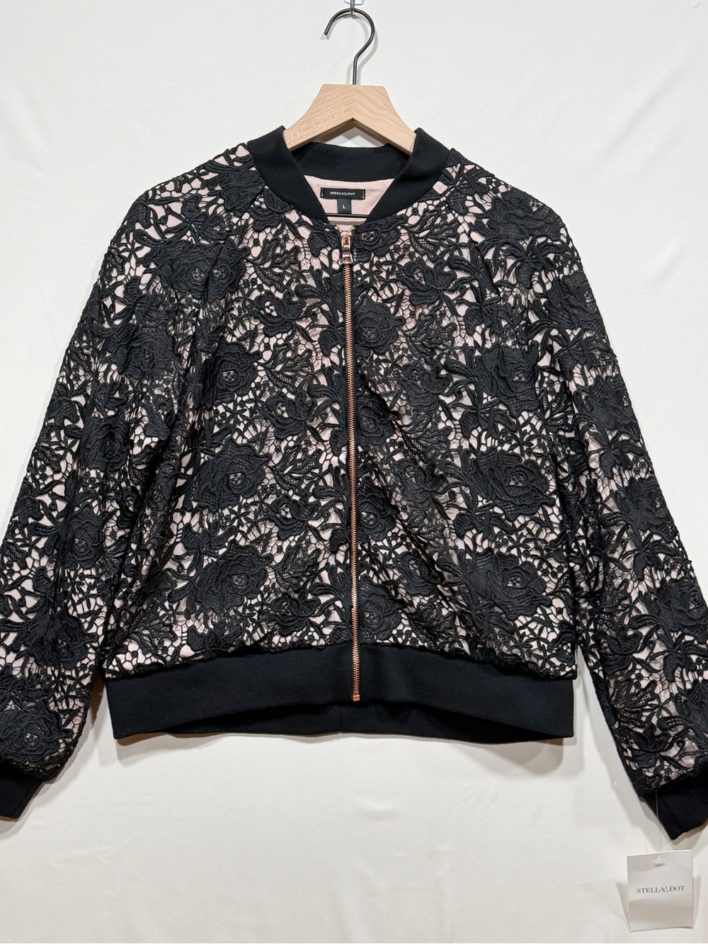 Stella & Dot Black Lace Floral Bomber Jacket NWT Size L